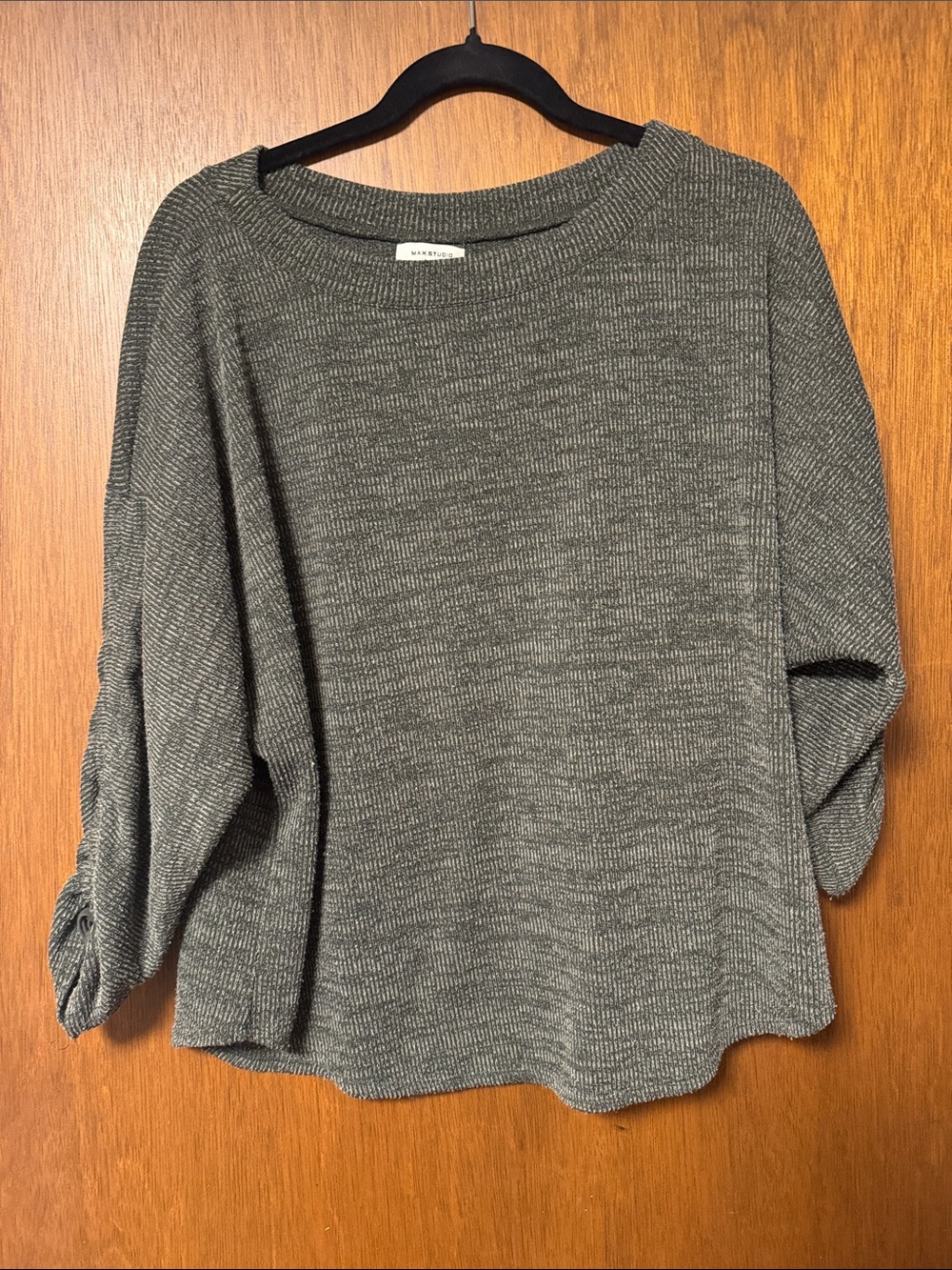 Max Studio Green Gray Ribbed Scoop-Neck Knit Top Tie Sleeve